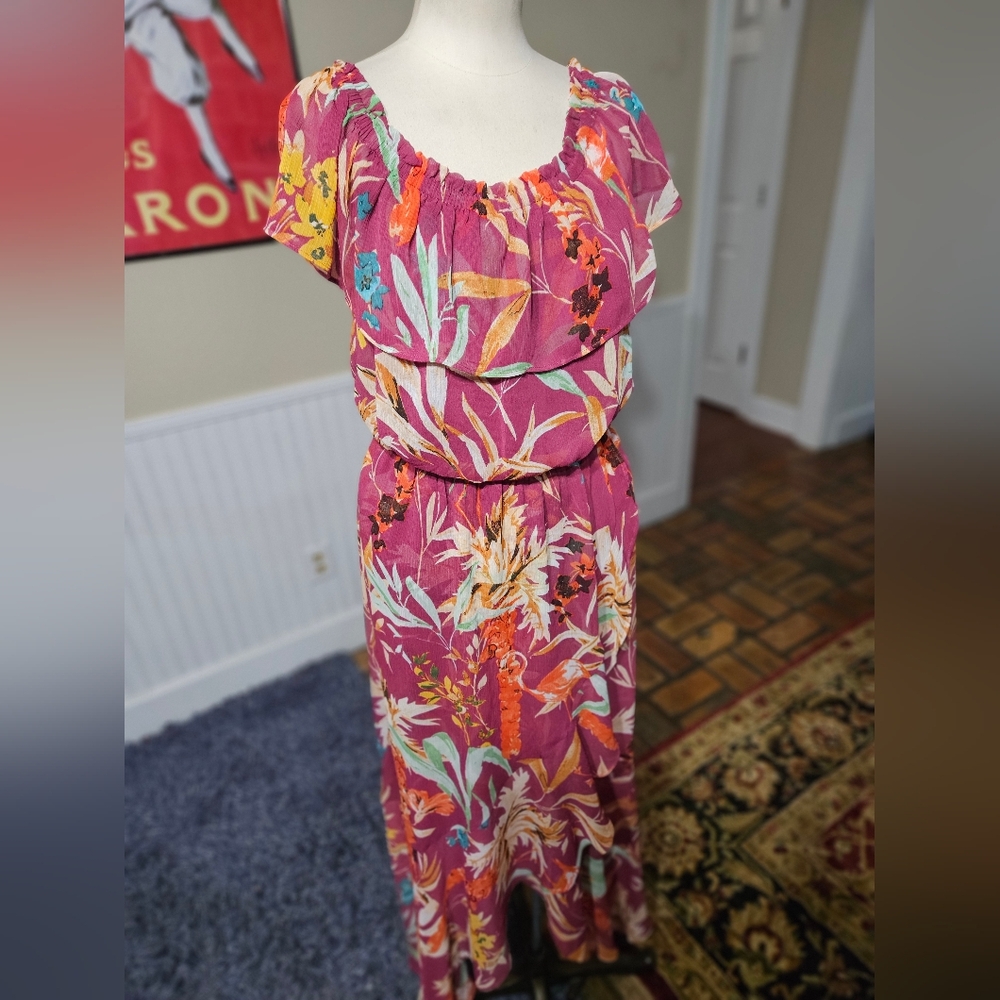 Express Floral Ruffled Off-Shoulder Maxi Dress in Magenta, Yellow, Teal